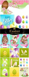  Easter, Easter eggs with spring flowers, rabbits vector 